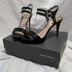 NWT Vince Camuto Renalla Black Leather Strappy Sandal Heels Formal Occasion 9m